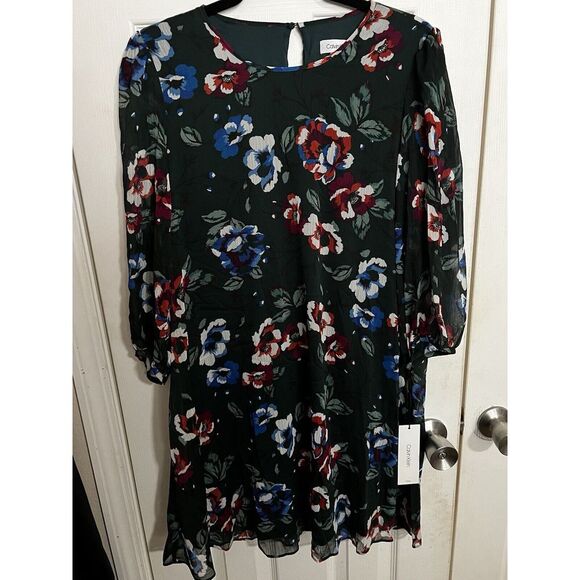 Calvin Klein Shift‎ Floral Dress Size 8 NWT Knee Length Long Sleeve - Picture 1 of 2